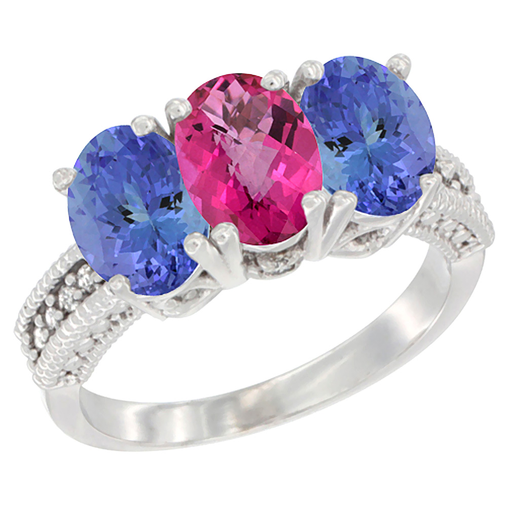 10K White Gold Diamond Natural Pink Topaz & Tanzanite Ring 3-Stone 7x5 mm Oval, sizes 5 - 10