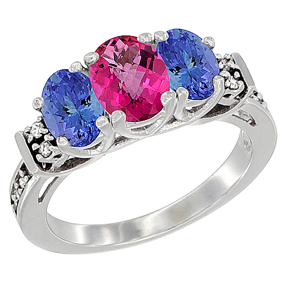 14K White Gold Natural Pink Topaz &amp; Tanzanite Ring 3-Stone Oval Diamond Accent, sizes 5-10