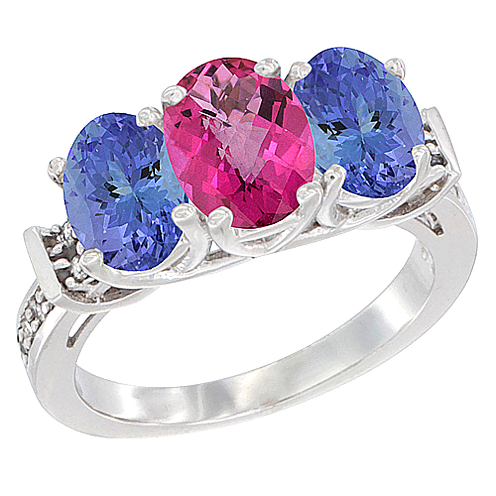 14K White Gold Natural Pink Topaz &amp; Tanzanite Sides Ring 3-Stone Oval Diamond Accent, sizes 5 - 10