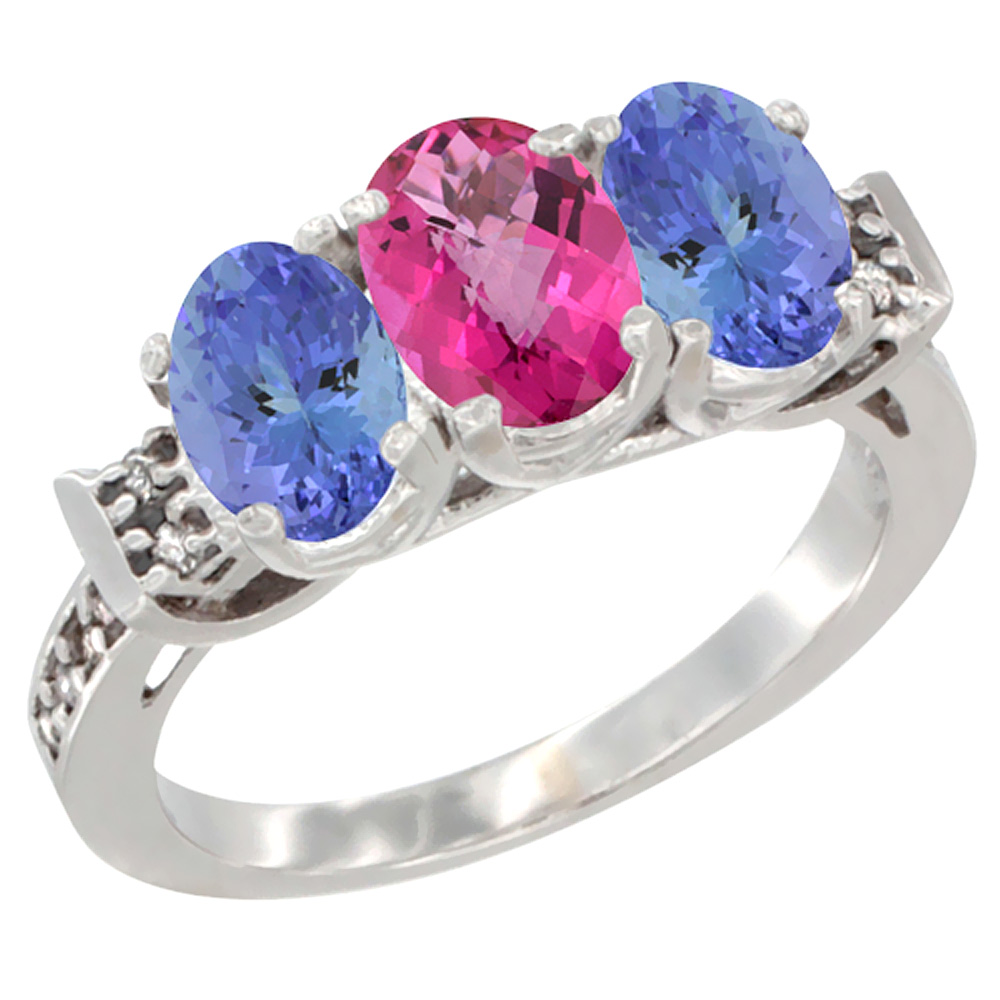 14K White Gold Natural Pink Topaz & Tanzanite Ring 3-Stone 7x5 mm Oval Diamond Accent, sizes 5 - 10