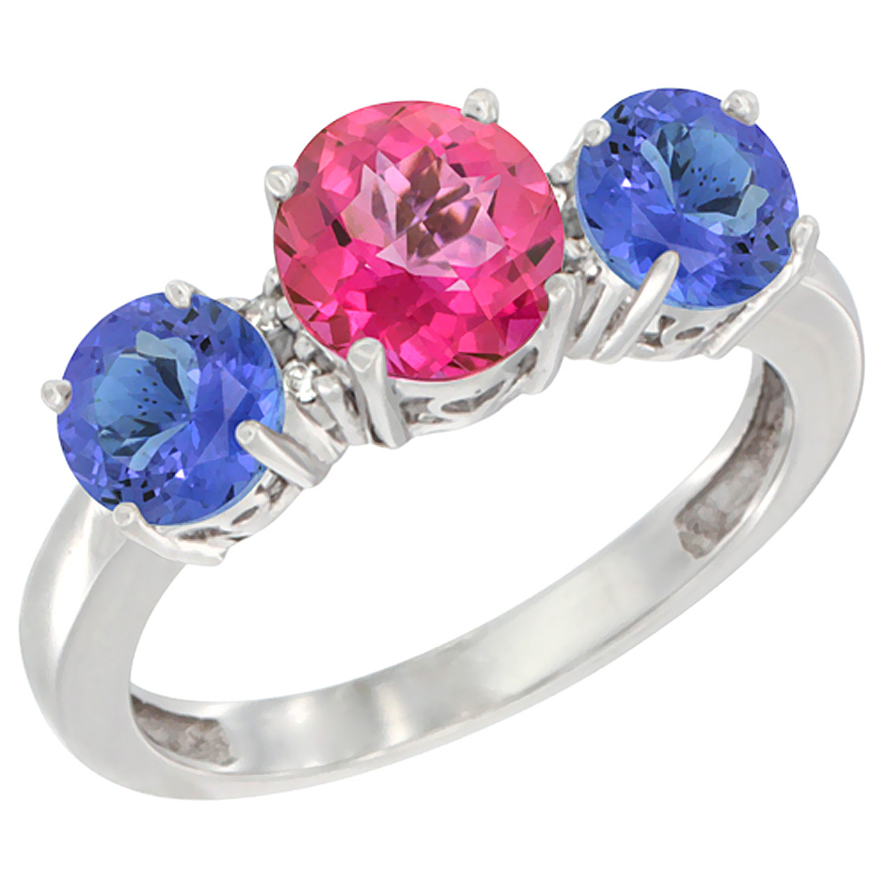 14K White Gold Round 3-Stone Natural Pink Topaz Ring & Tanzanite Sides Diamond Accent, sizes 5 - 10