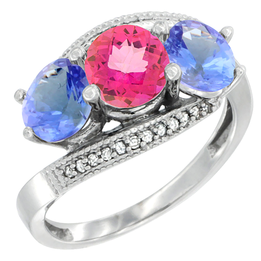 14K White Gold Natural Pink Topaz & Tanzanite Sides 3 stone Ring Round 6mm Diamond Accent, sizes 5 - 10