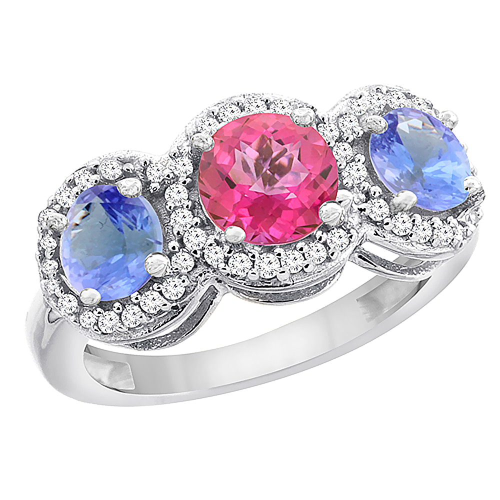 14K White Gold Natural Pink Topaz & Tanzanite Sides Round 3-stone Ring Diamond Accents, sizes 5 - 10