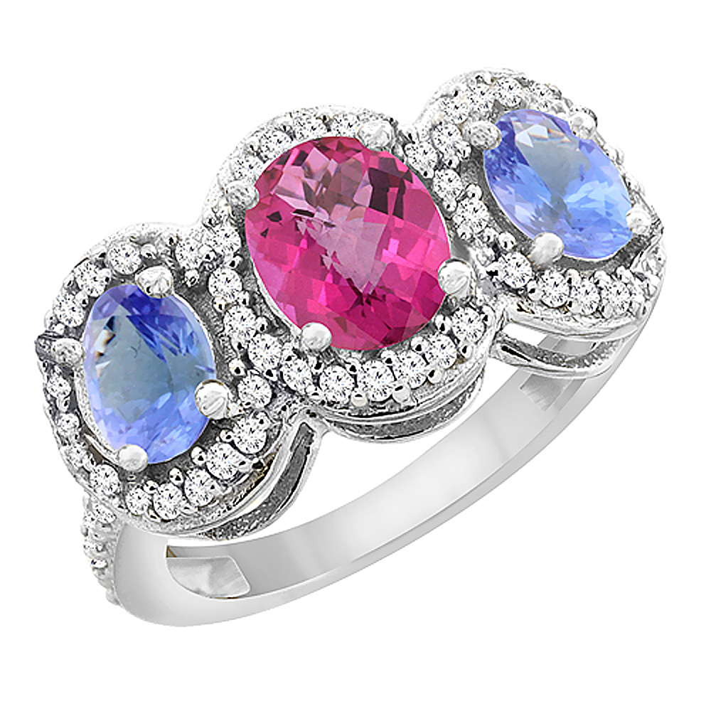 14K White Gold Natural Pink Sapphire &amp; Tanzanite 3-Stone Ring Oval Diamond Accent, sizes 5 - 10