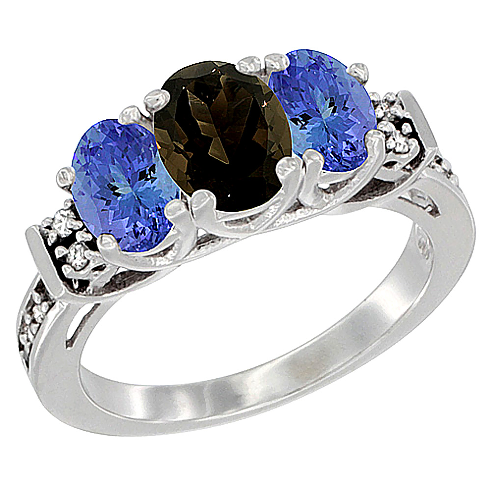 14K White Gold Natural Smoky Topaz & Tanzanite Ring 3-Stone Oval Diamond Accent, sizes 5-10