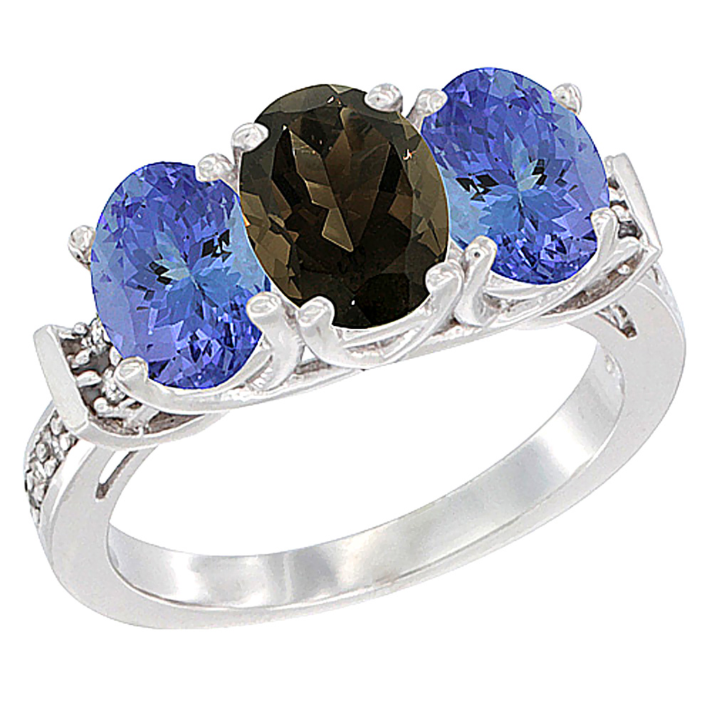 14K White Gold Natural Smoky Topaz & Tanzanite Sides Ring 3-Stone Oval Diamond Accent, sizes 5 - 10