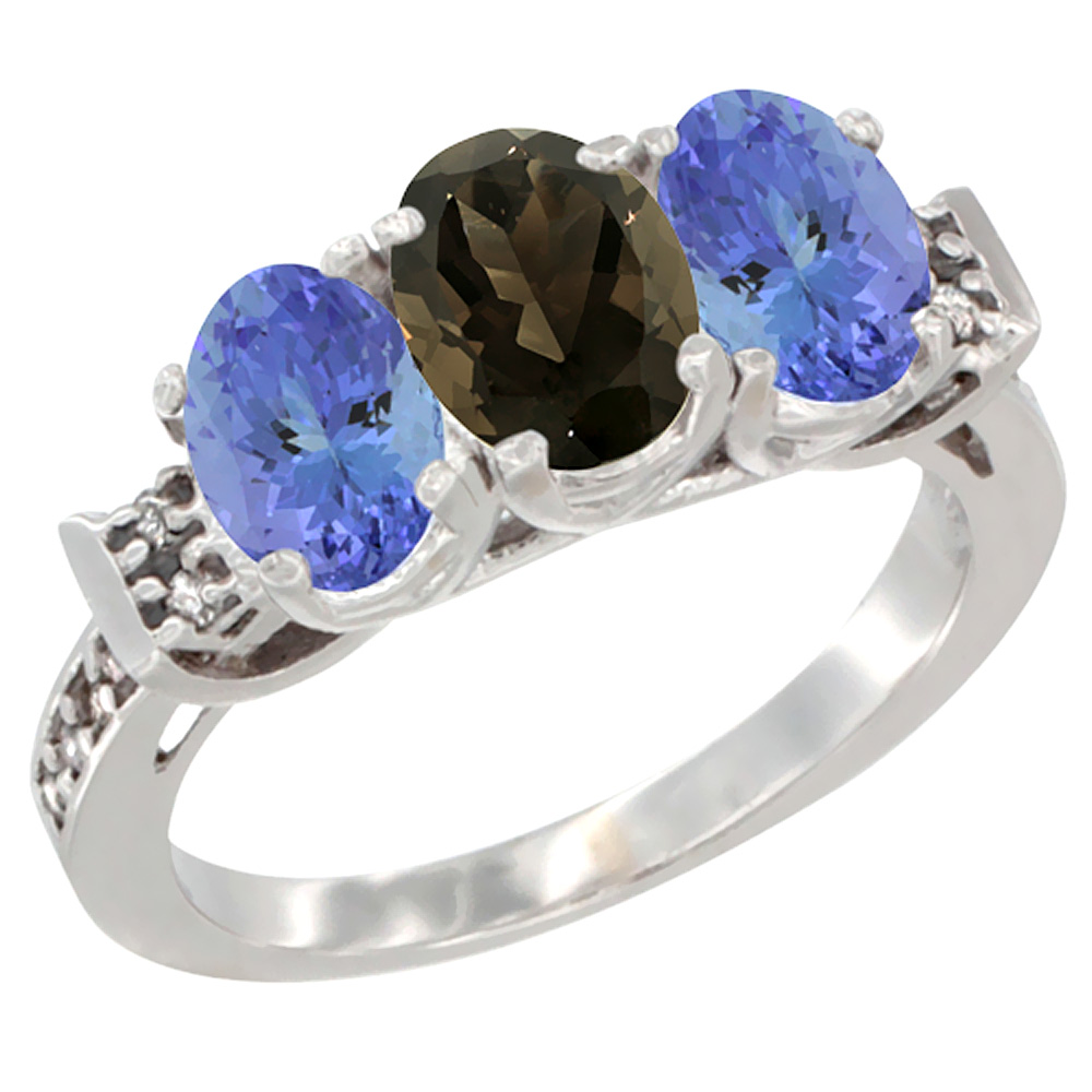 10K White Gold Natural Smoky Topaz & Tanzanite Sides Ring 3-Stone Oval 7x5 mm Diamond Accent, sizes 5 - 10
