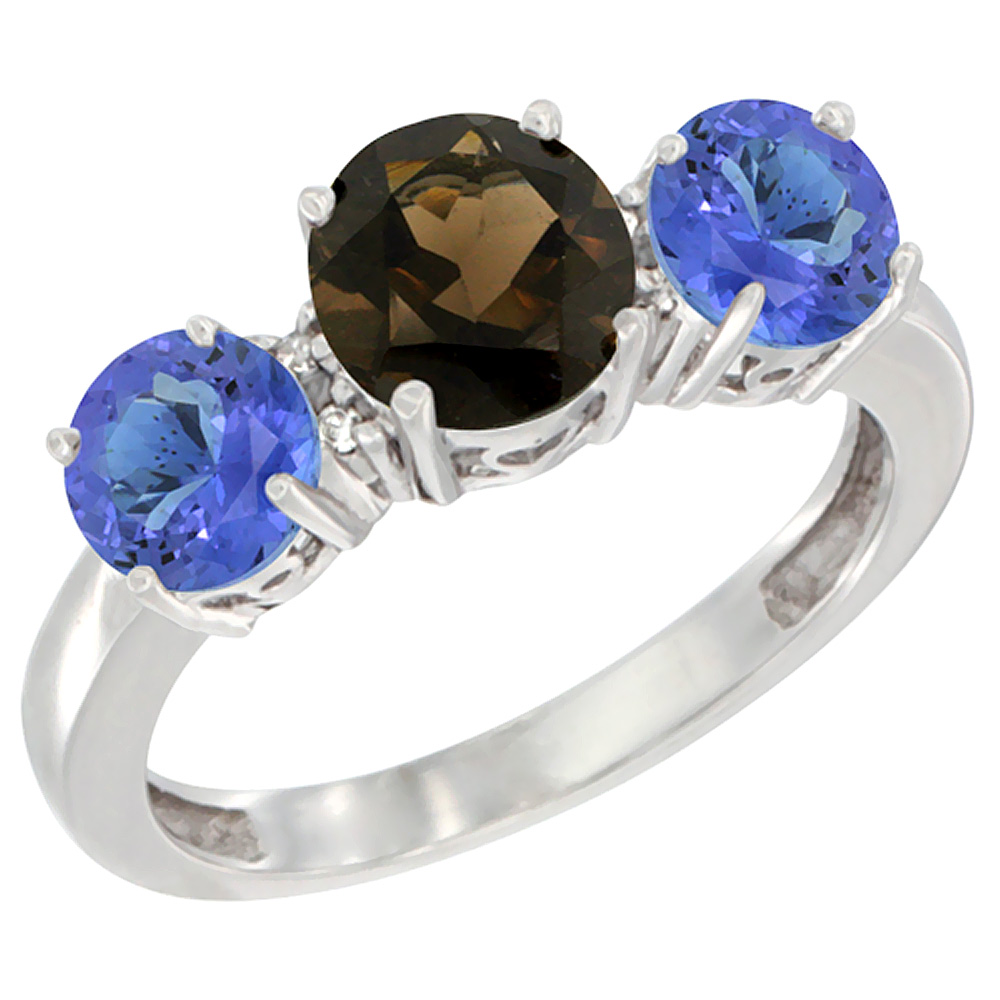 10K White Gold Round 3-Stone Natural Smoky Topaz Ring & Tanzanite Sides Diamond Accent, sizes 5 - 10
