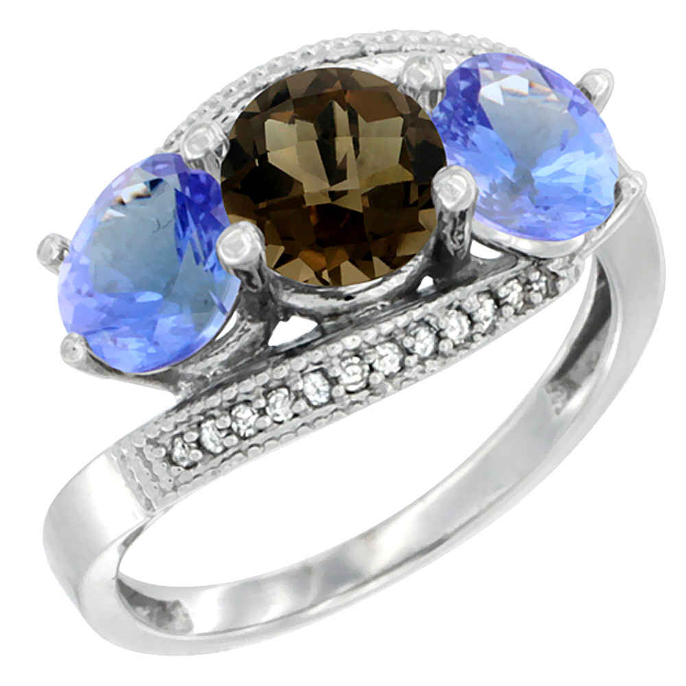 10K White Gold Natural Smoky Topaz & Tanzanite Sides 3 stone Ring Round 6mm Diamond Accent, sizes 5 - 10