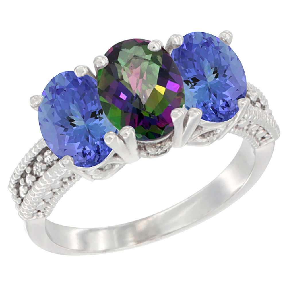 10K White Gold Diamond Natural Mystic Topaz & Tanzanite Ring 3-Stone 7x5 mm Oval, sizes 5 - 10