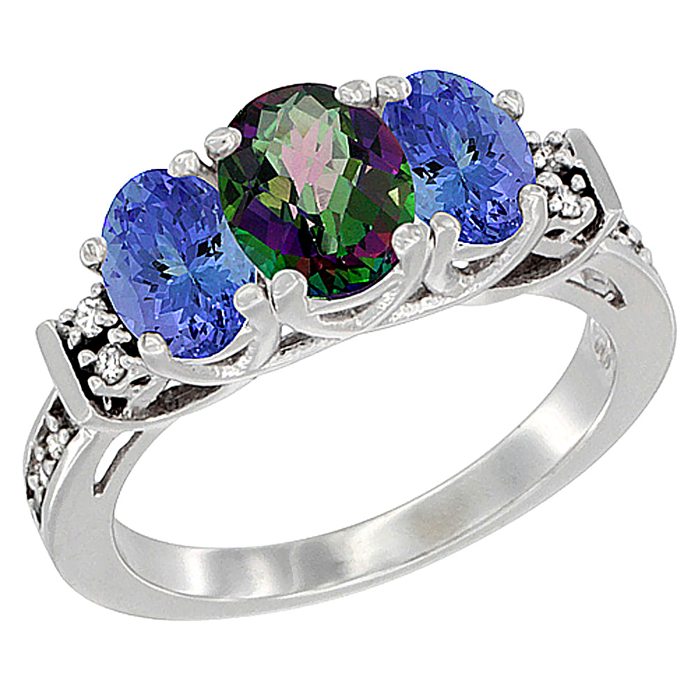 10K White Gold Natural Mystic Topaz & Tanzanite Ring 3-Stone Oval Diamond Accent, sizes 5-10