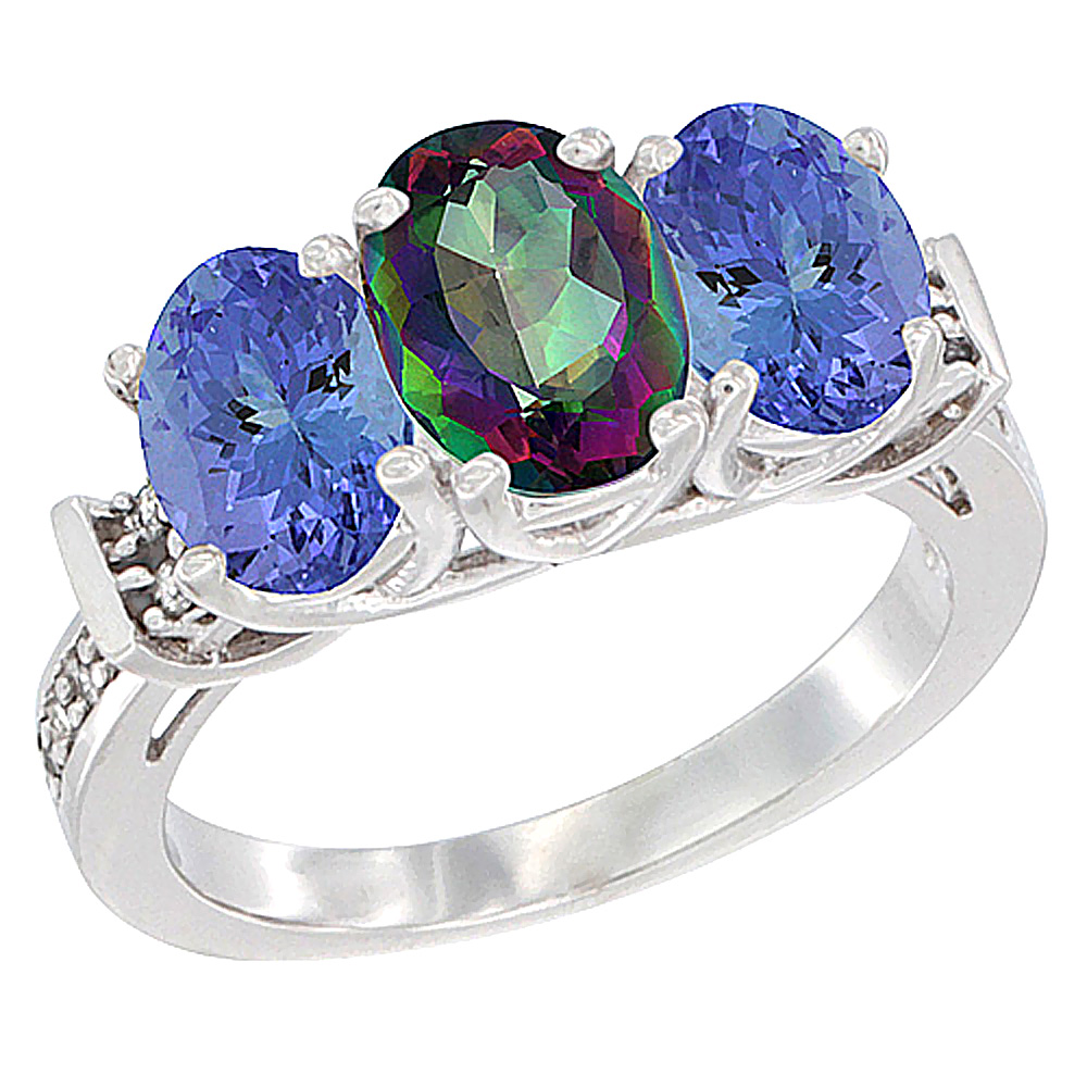 14K White Gold Natural Mystic Topaz & Tanzanite Sides Ring 3-Stone Oval Diamond Accent, sizes 5 - 10