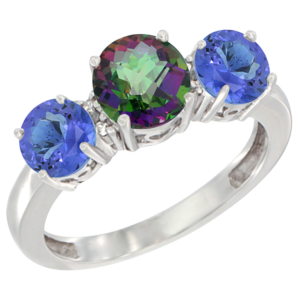 14K White Gold Round 3-Stone Natural Mystic Topaz Ring & Tanzanite Sides Diamond Accent, sizes 5 - 10