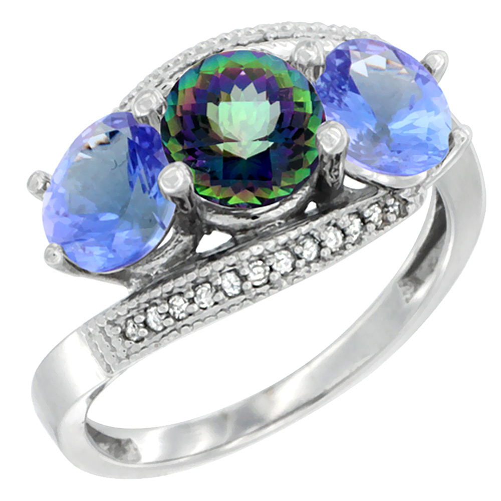 14K White Gold Natural Mystic Topaz & Tanzanite Sides 3 stone Ring Round 6mm Diamond Accent, sizes 5 - 10