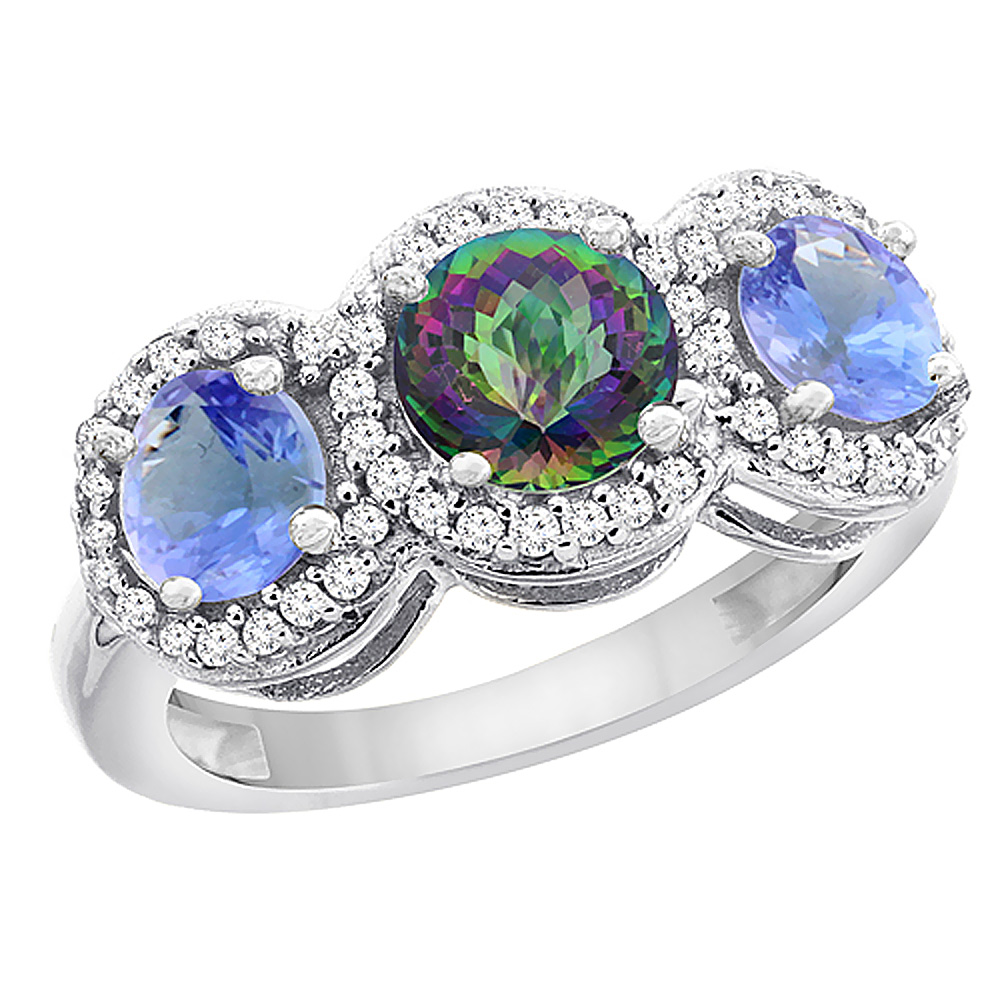 10K White Gold Natural Mystic Topaz &amp; Tanzanite Sides Round 3-stone Ring Diamond Accents, sizes 5 - 10