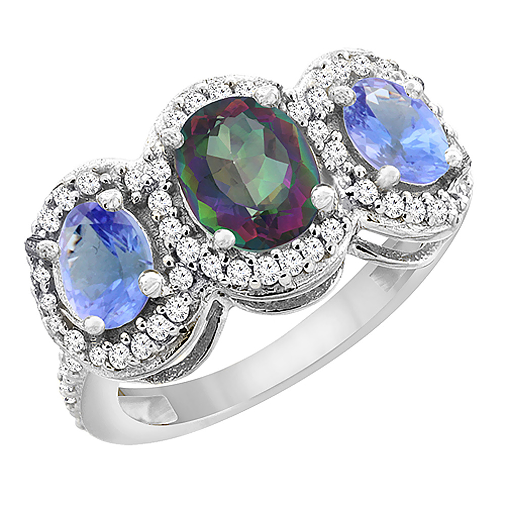 14K White Gold Natural Mystic Topaz & Tanzanite 3-Stone Ring Oval Diamond Accent, sizes 5 - 10