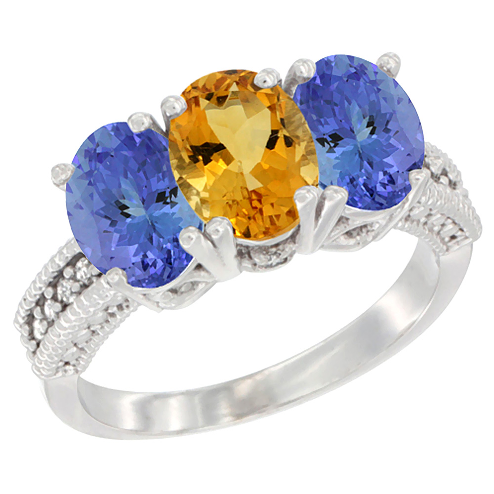 10K White Gold Diamond Natural Citrine & Tanzanite Ring 3-Stone 7x5 mm Oval, sizes 5 - 10