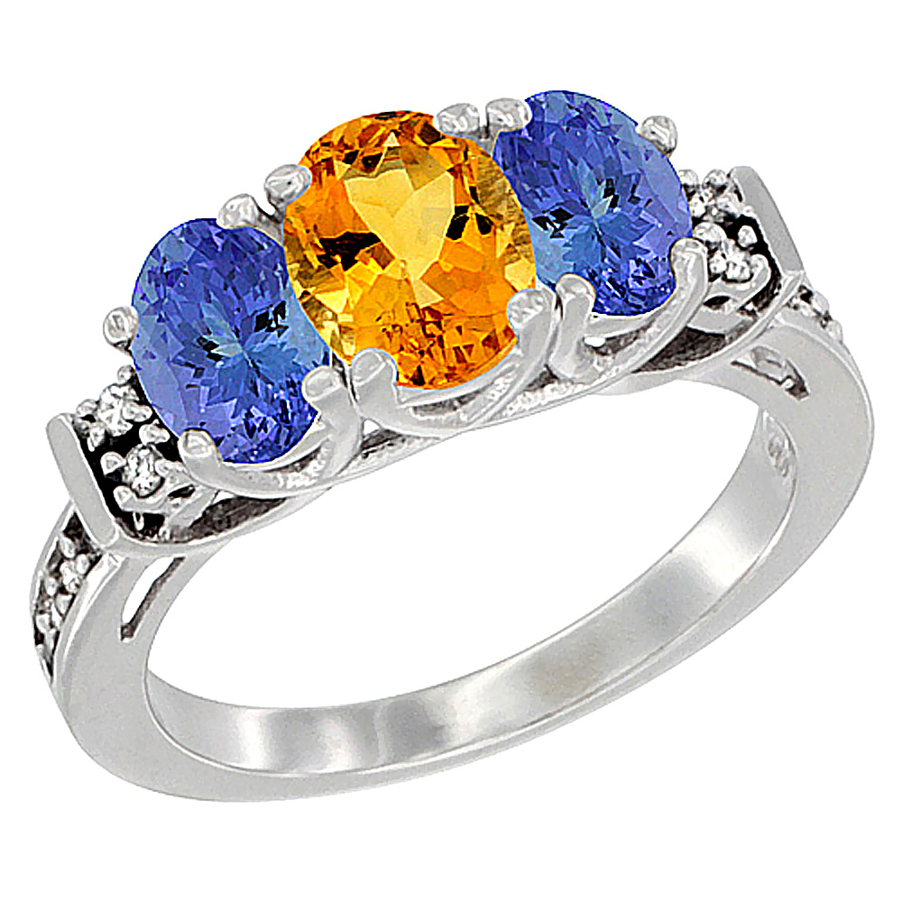 14K White Gold Natural Citrine & Tanzanite Ring 3-Stone Oval Diamond Accent, sizes 5-10