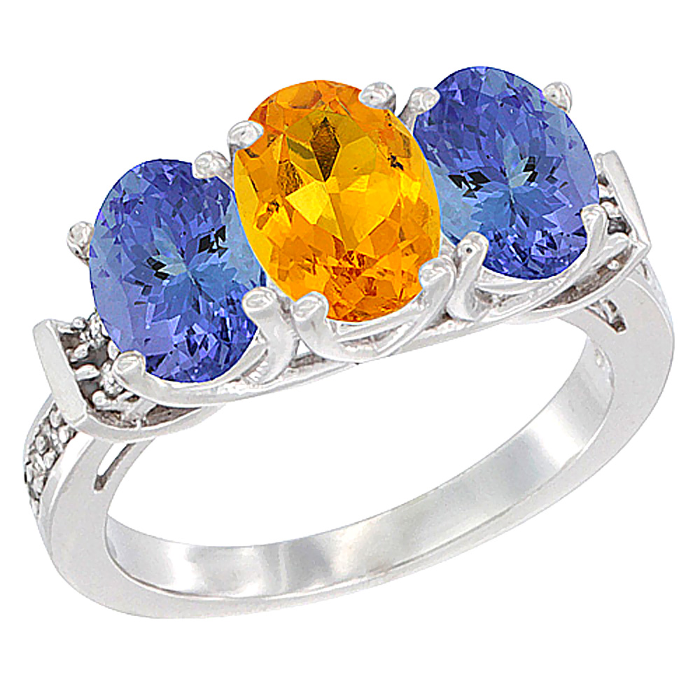 14K White Gold Natural Citrine &amp; Tanzanite Sides Ring 3-Stone Oval Diamond Accent, sizes 5 - 10