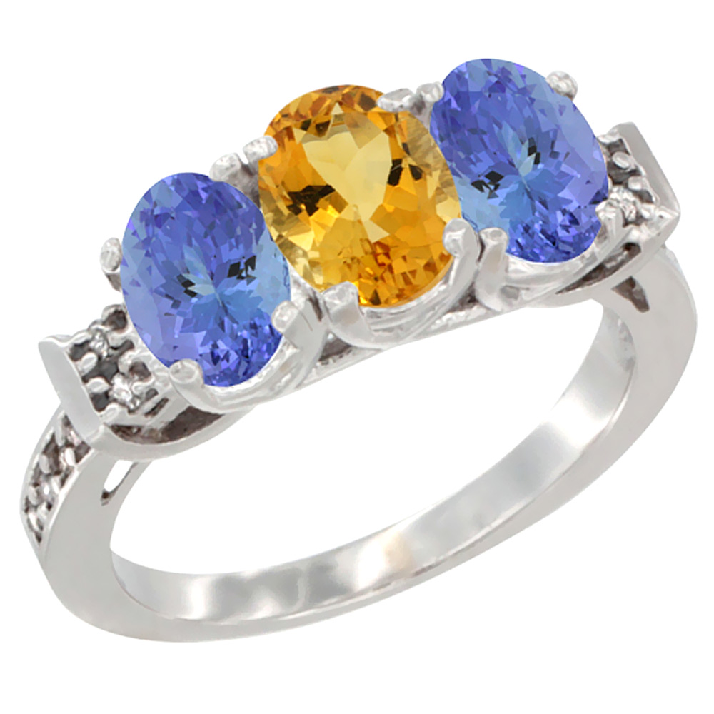 14K White Gold Natural Citrine & Tanzanite Ring 3-Stone 7x5 mm Oval Diamond Accent, sizes 5 - 10