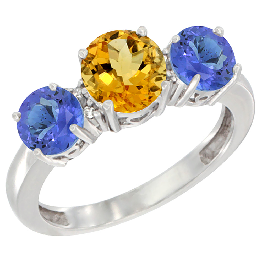 14K White Gold Round 3-Stone Natural Citrine Ring &amp; Tanzanite Sides Diamond Accent, sizes 5 - 10