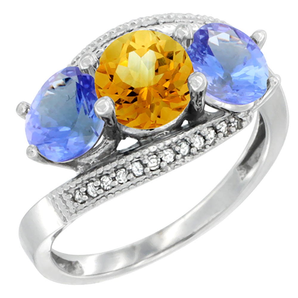 10K White Gold Natural Citrine & Tanzanite Sides 3 stone Ring Round 6mm Diamond Accent, sizes 5 - 10