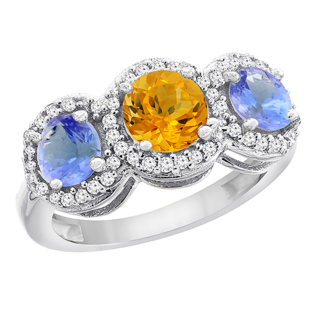 10K White Gold Natural Citrine & Tanzanite Sides Round 3-stone Ring Diamond Accents, sizes 5 - 10