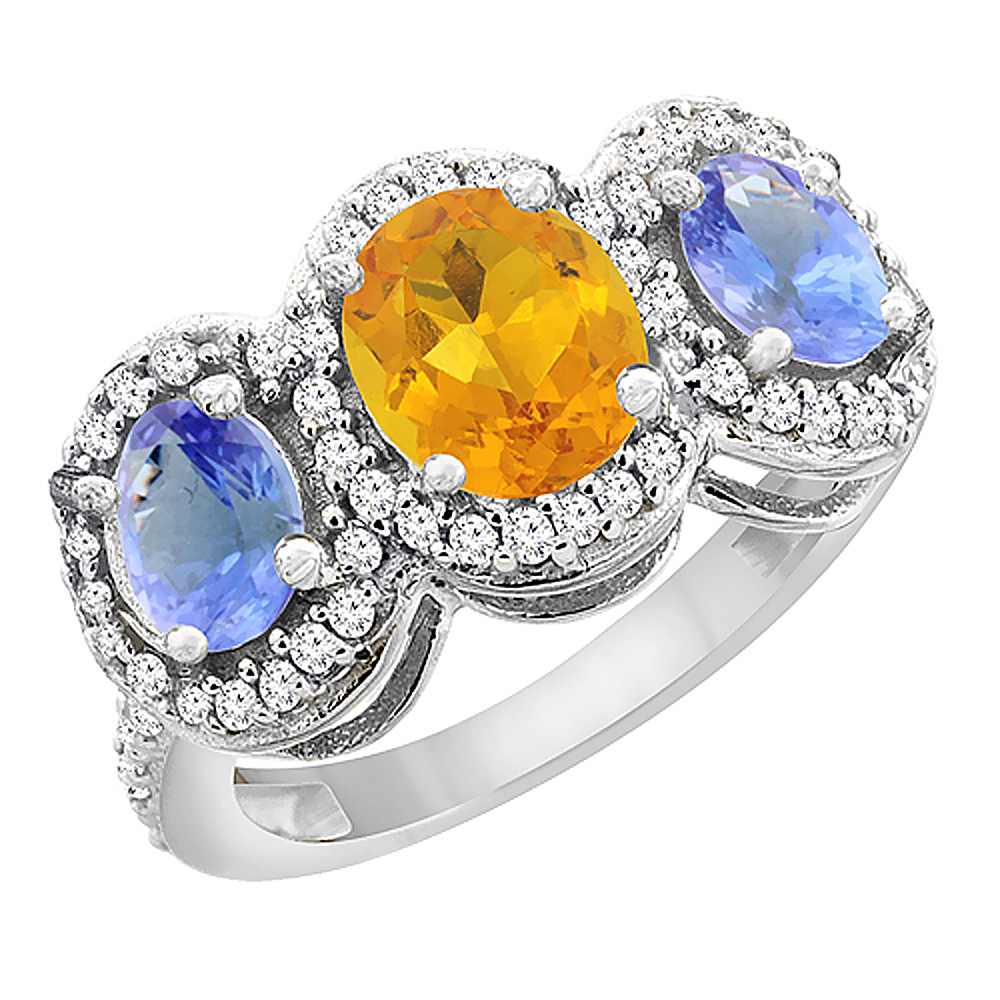 14K White Gold Natural Citrine & Tanzanite 3-Stone Ring Oval Diamond Accent, sizes 5 - 10