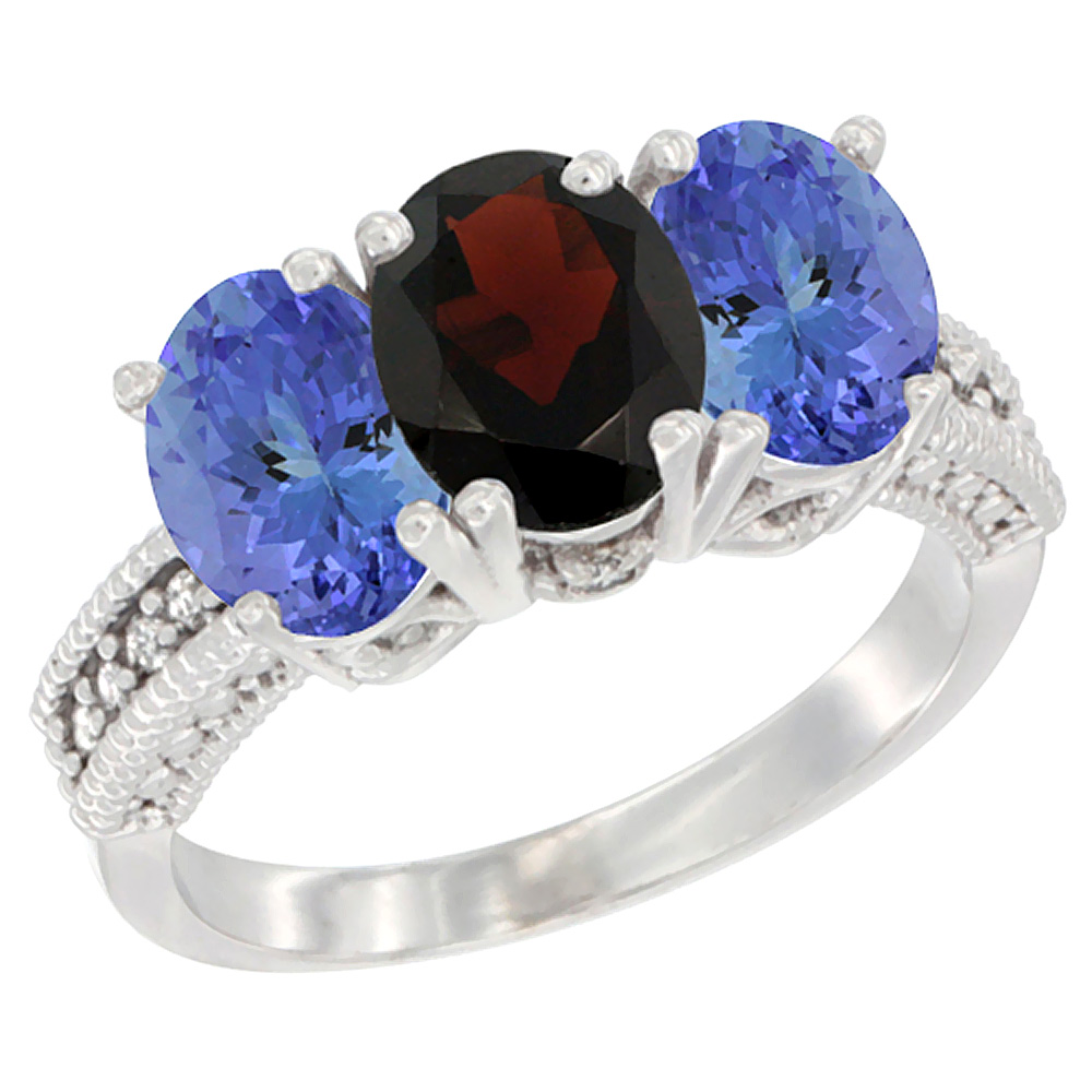 10K White Gold Diamond Natural Garnet & Tanzanite Ring 3-Stone 7x5 mm Oval, sizes 5 - 10