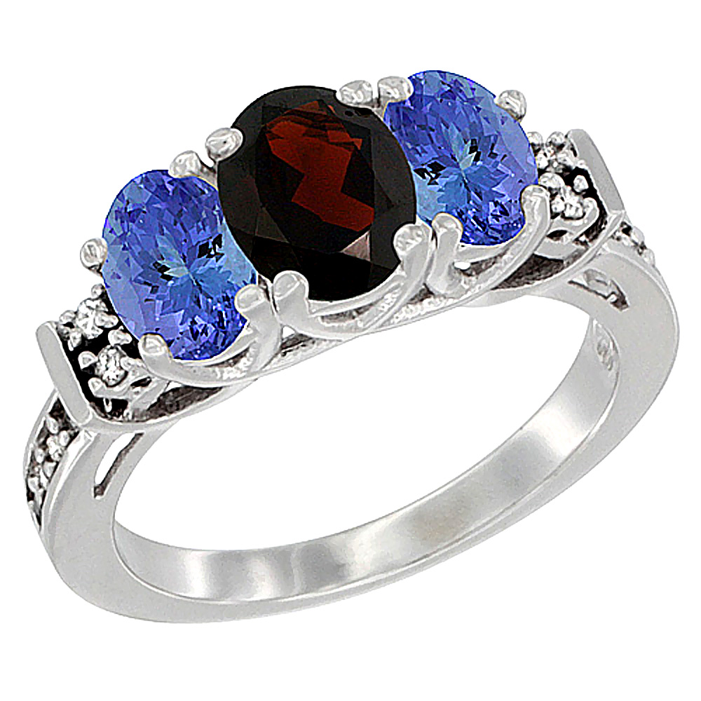 14K White Gold Natural Garnet & Tanzanite Ring 3-Stone Oval Diamond Accent, sizes 5-10