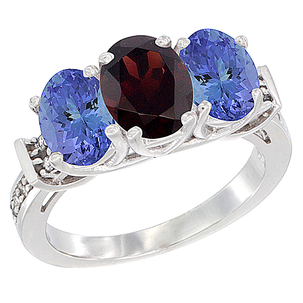 14K White Gold Natural Garnet & Tanzanite Sides Ring 3-Stone Oval Diamond Accent, sizes 5 - 10