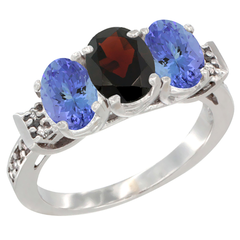 14K White Gold Natural Garnet & Tanzanite Ring 3-Stone 7x5 mm Oval Diamond Accent, sizes 5 - 10