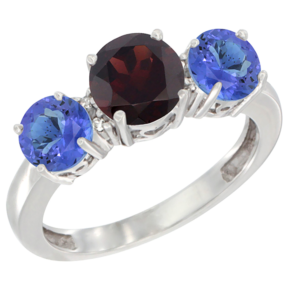 10K White Gold Round 3-Stone Natural Garnet Ring &amp; Tanzanite Sides Diamond Accent, sizes 5 - 10