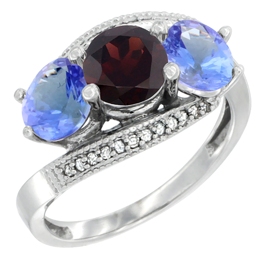 10K White Gold Natural Garnet &amp; Tanzanite Sides 3 stone Ring Round 6mm Diamond Accent, sizes 5 - 10