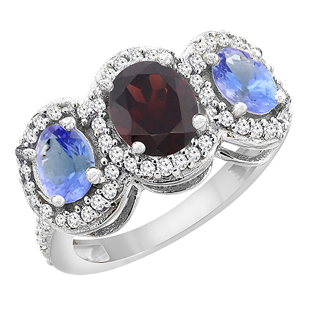 10K White Gold Natural Garnet &amp; Tanzanite 3-Stone Ring Oval Diamond Accent, sizes 5 - 10