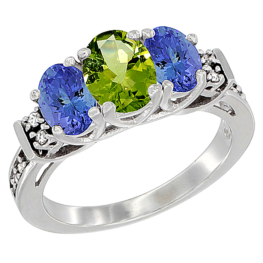 14K White Gold Natural Peridot & Tanzanite Ring 3-Stone Oval Diamond Accent, sizes 5-10