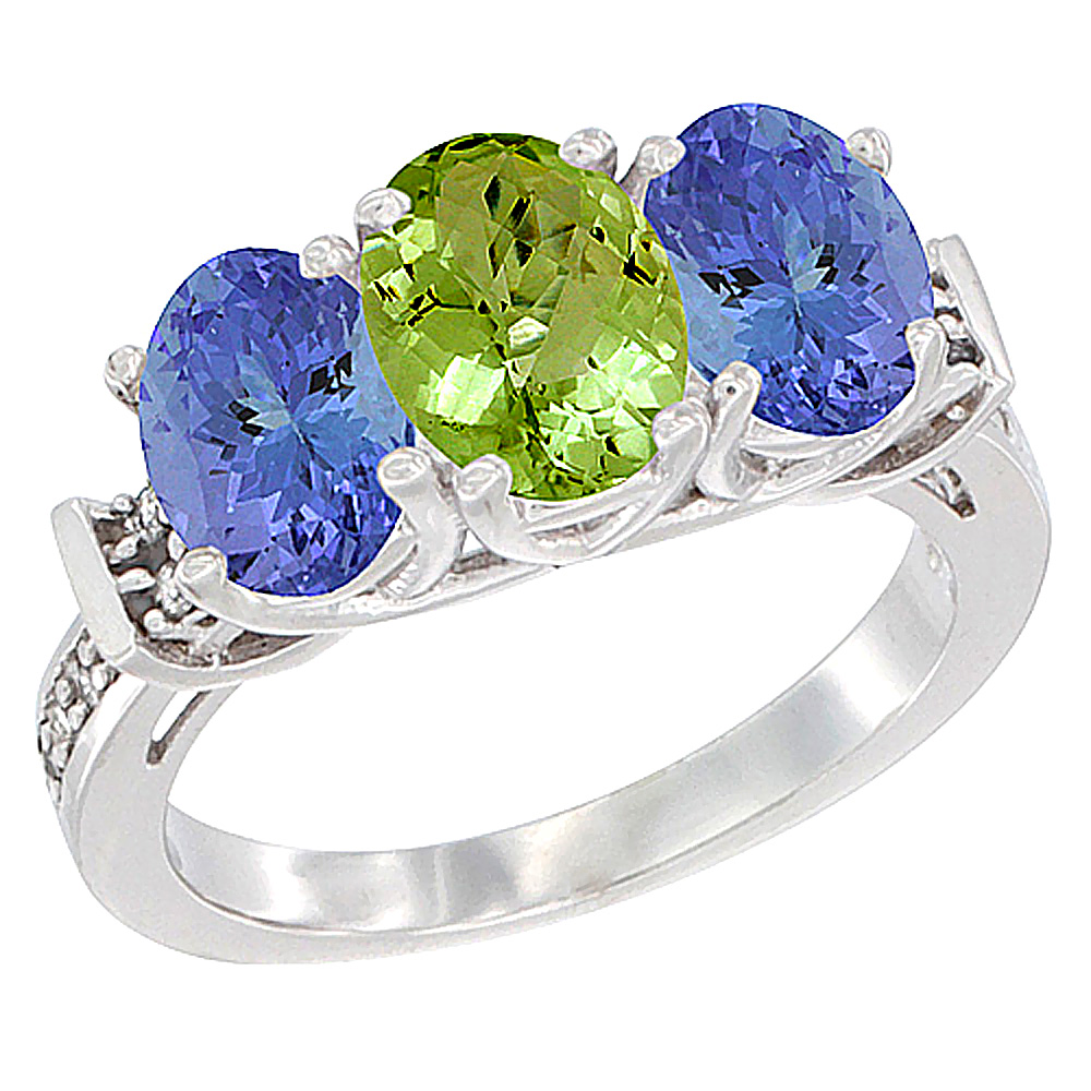 14K White Gold Natural Peridot & Tanzanite Sides Ring 3-Stone Oval Diamond Accent, sizes 5 - 10