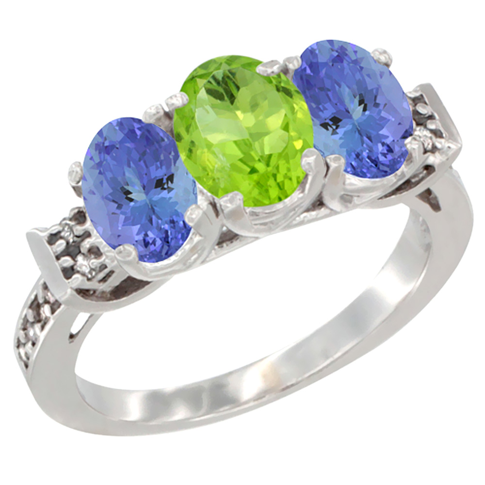 14K White Gold Natural Peridot & Tanzanite Ring 3-Stone 7x5 mm Oval Diamond Accent, sizes 5 - 10