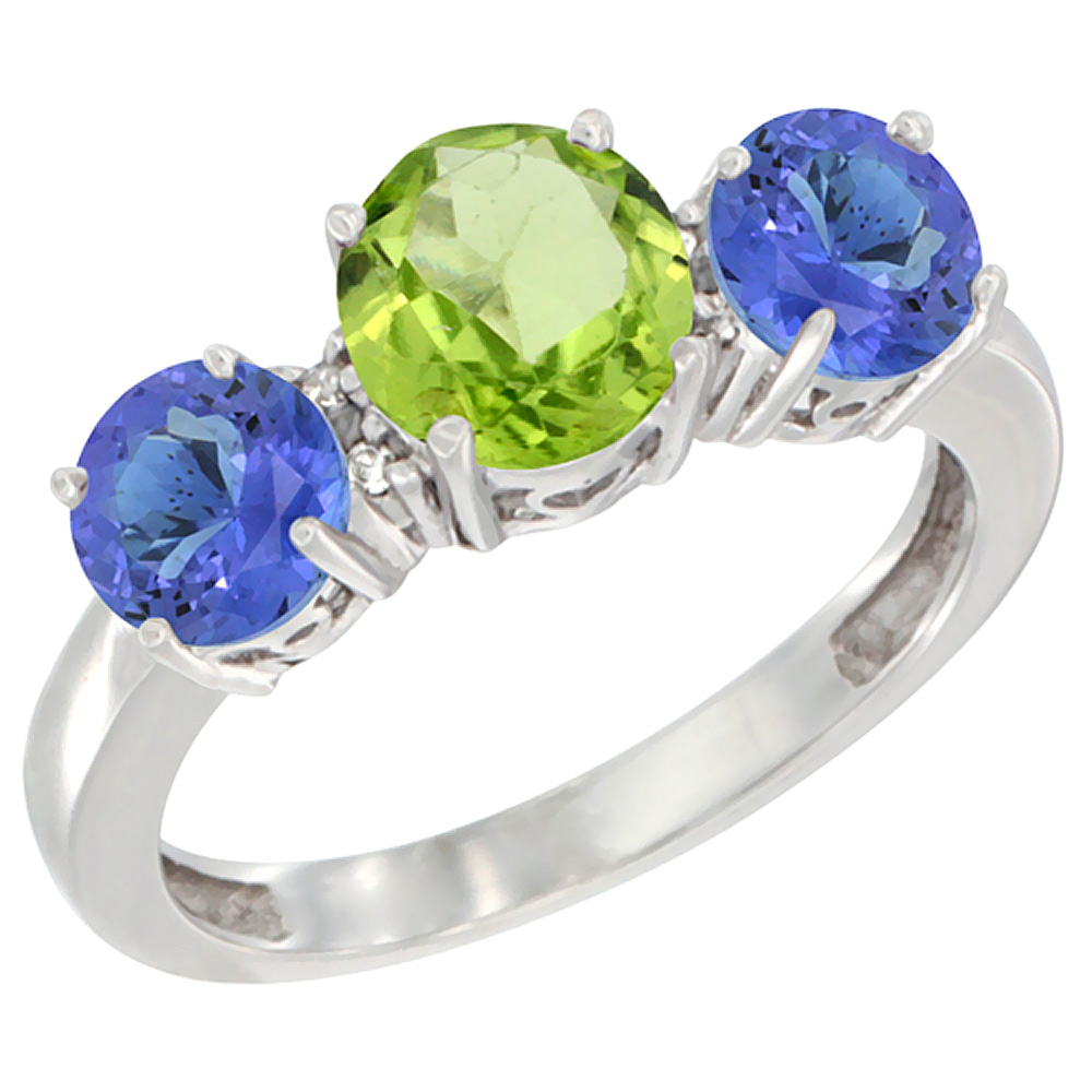 10K White Gold Round 3-Stone Natural Peridot Ring & Tanzanite Sides Diamond Accent, sizes 5 - 10