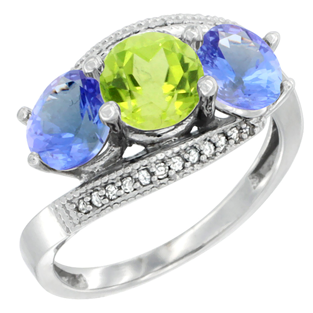 14K White Gold Natural Peridot & Tanzanite Sides 3 stone Ring Round 6mm Diamond Accent, sizes 5 - 10