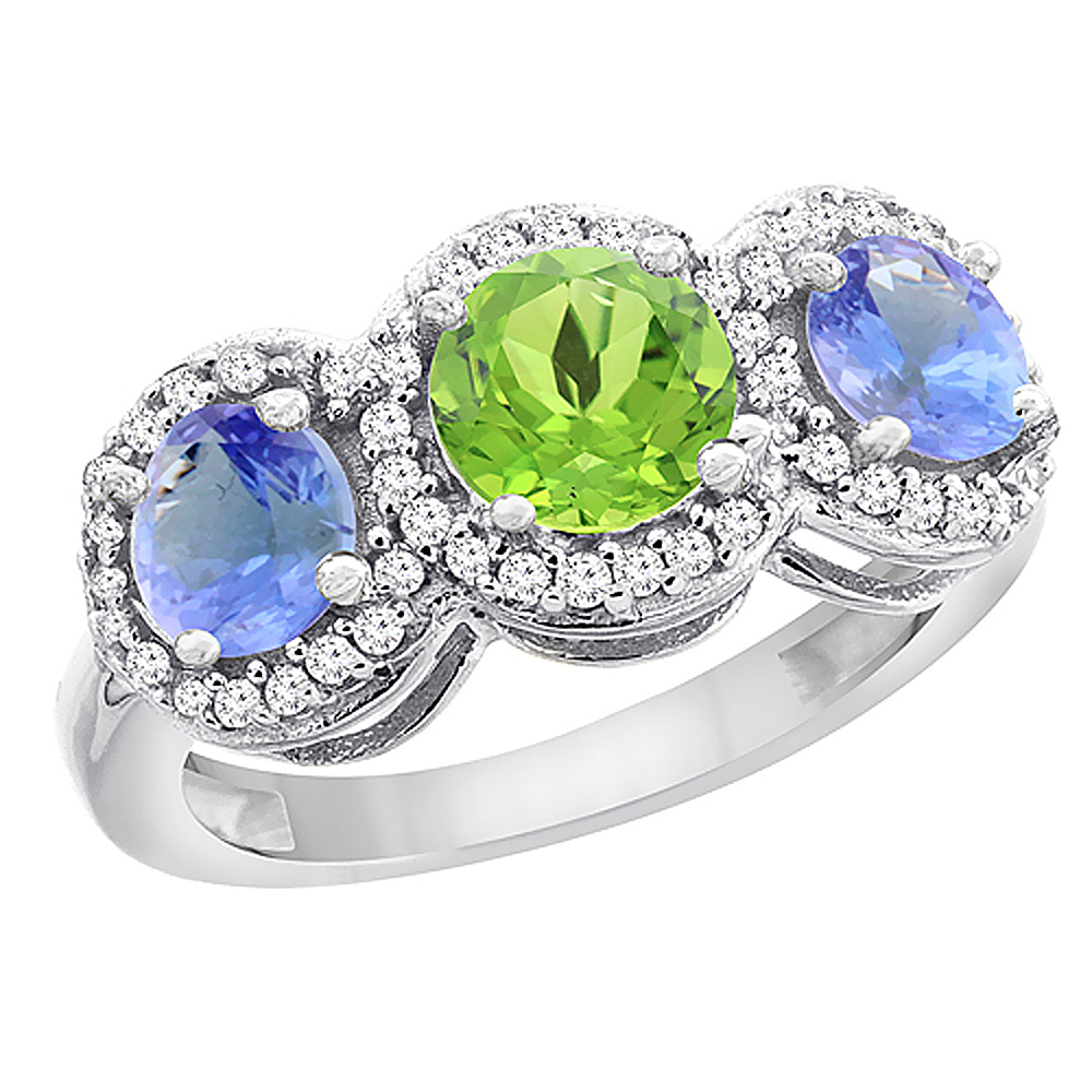 14K White Gold Natural Peridot & Tanzanite Sides Round 3-stone Ring Diamond Accents, sizes 5 - 10