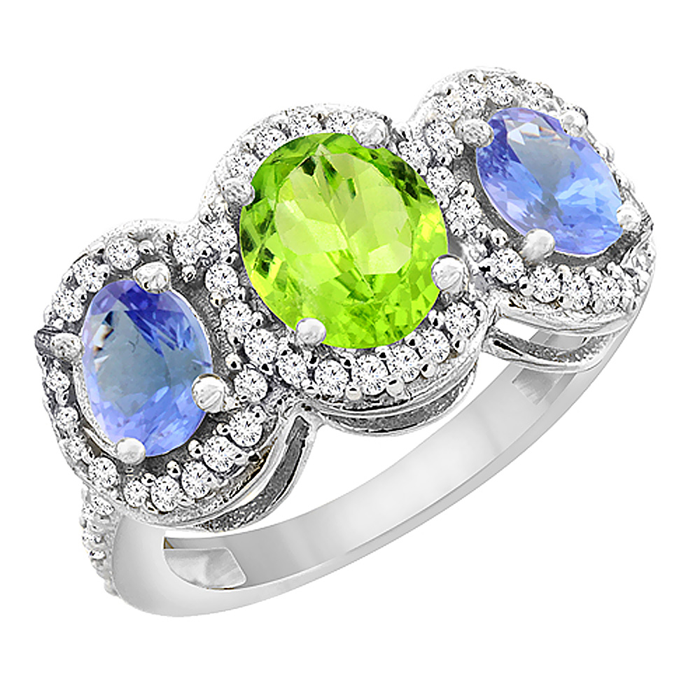 14K White Gold Natural Peridot & Tanzanite 3-Stone Ring Oval Diamond Accent, sizes 5 - 10