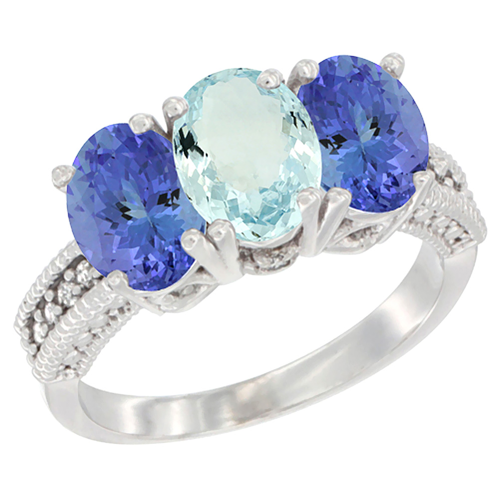 14K White Gold Natural Aquamarine Ring with Tanzanite 3-Stone 7x5 mm Oval Diamond Accent, sizes 5 - 10