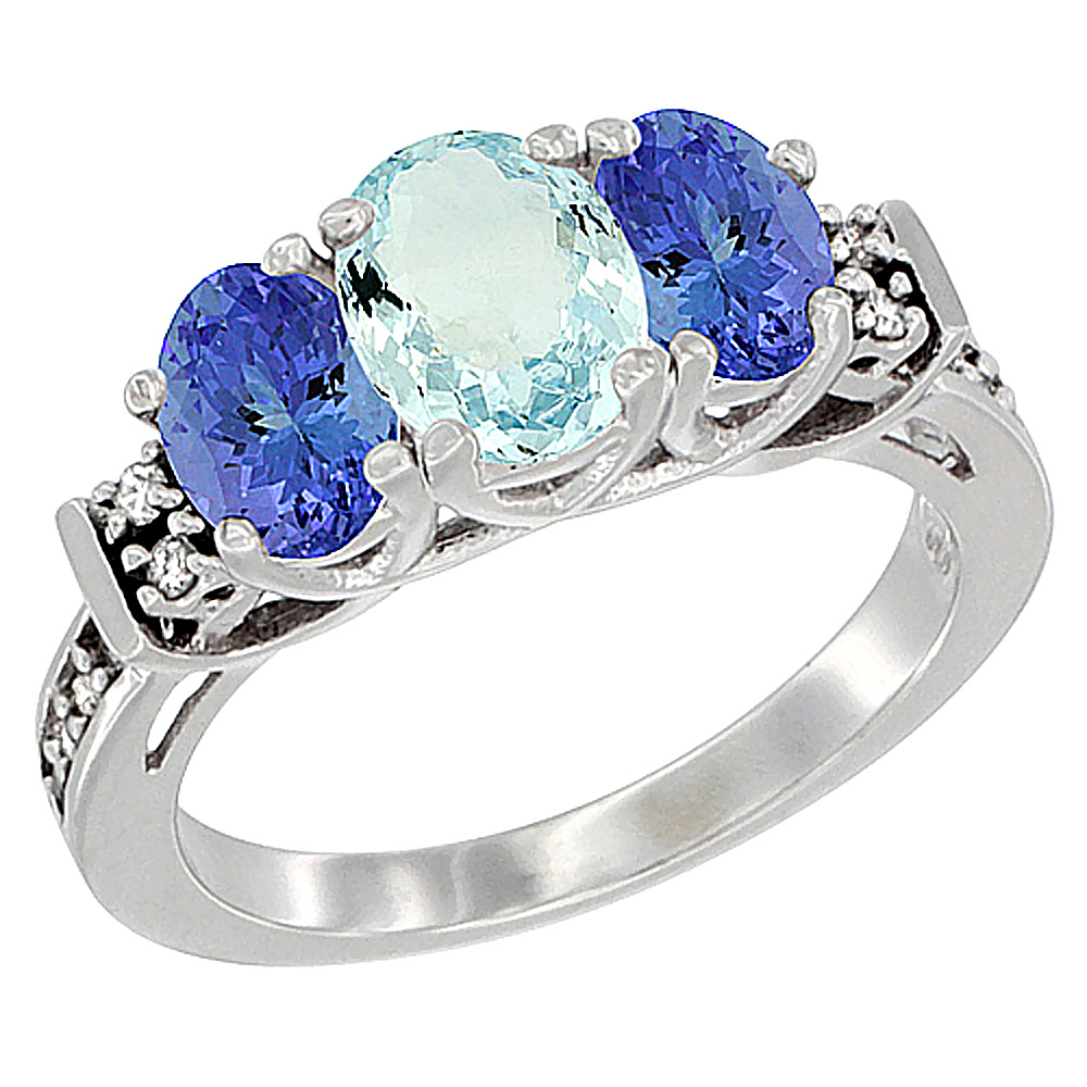 14K White Gold Natural Aquamarine & Tanzanite Ring 3-Stone Oval Diamond Accent, sizes 5-10