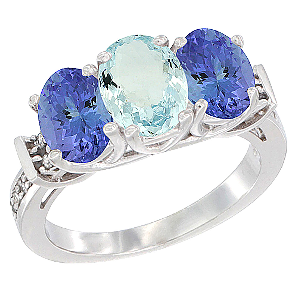 14K White Gold Natural Aquamarine & Tanzanite Sides Ring 3-Stone Oval Diamond Accent, sizes 5 - 10