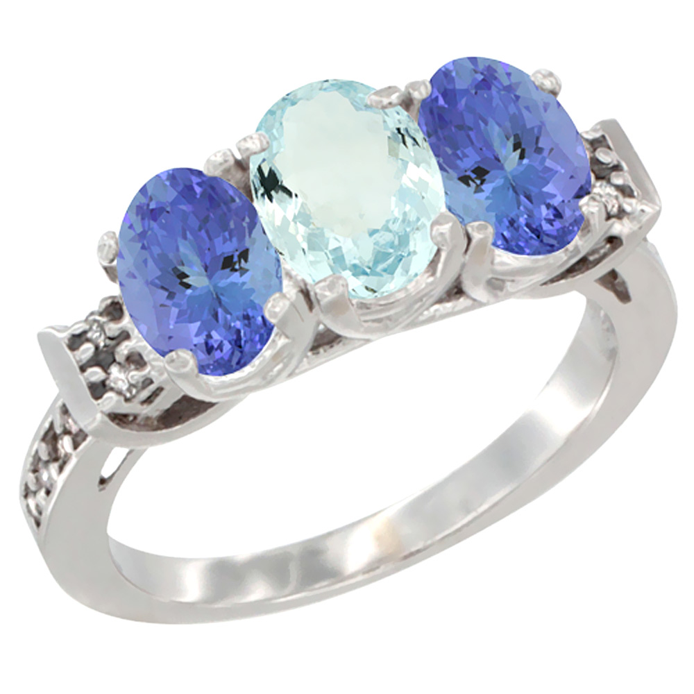 14K White Gold Natural Aquamarine &amp; Tanzanite Ring 3-Stone 7x5 mm Oval Diamond Accent, sizes 5 - 10