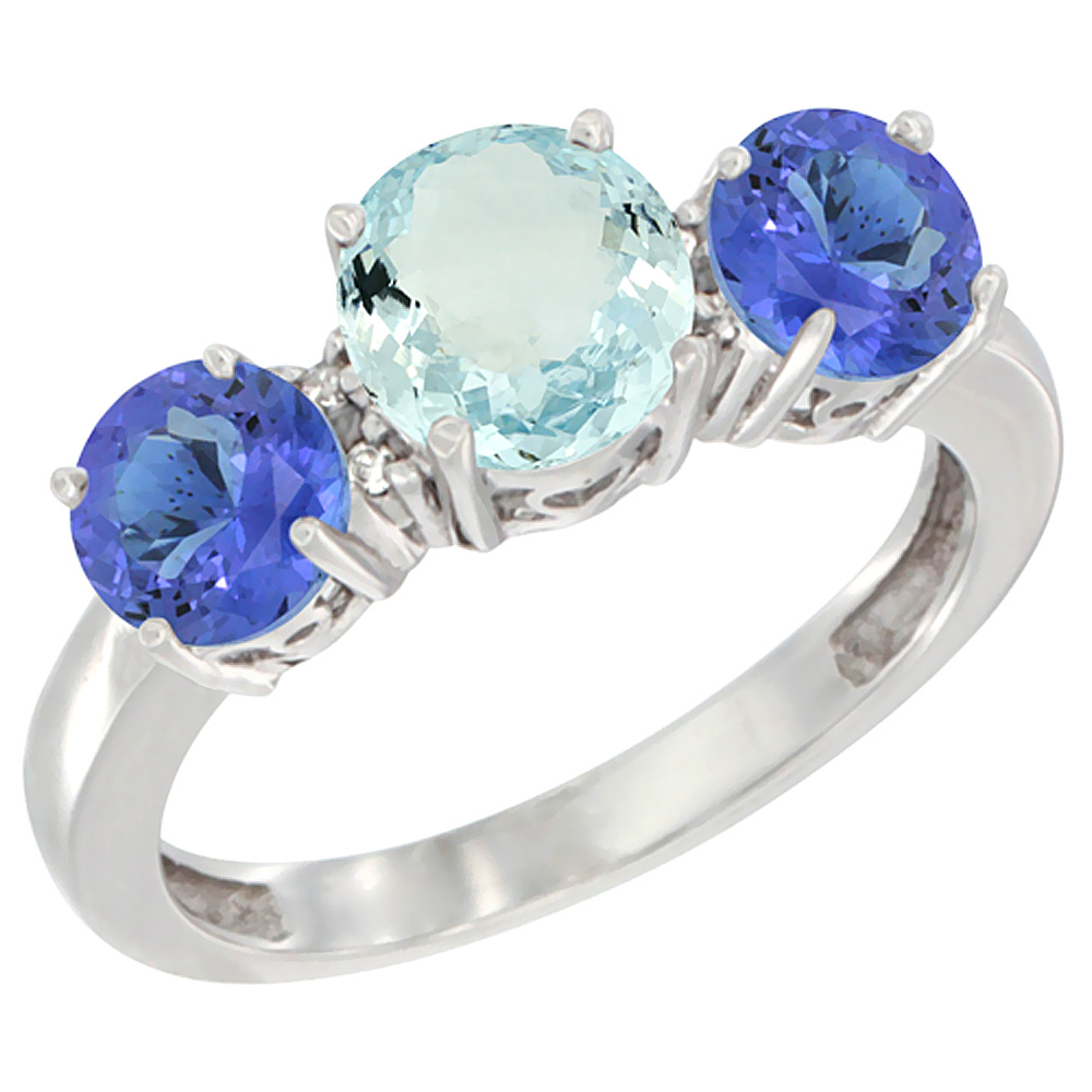 10K White Gold Round 3-Stone Natural Aquamarine Ring & Tanzanite Sides Diamond Accent, sizes 5 - 10