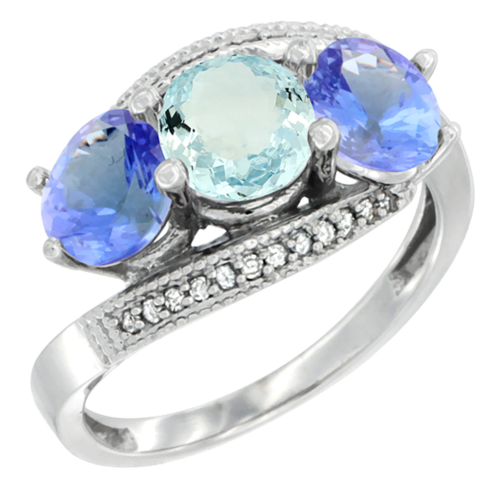 14K White Gold Natural Aquamarine & Tanzanite Sides 3 stone Ring Round 6mm Diamond Accent, sizes 5 - 10