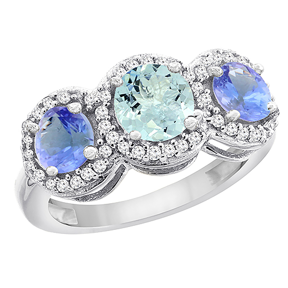 14K White Gold Natural Aquamarine & Tanzanite Sides Round 3-stone Ring Diamond Accents, sizes 5 - 10