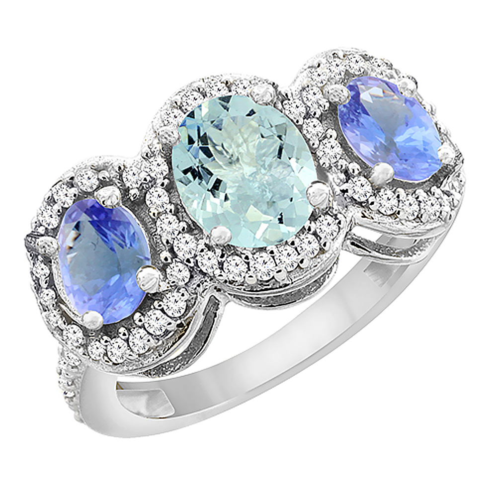 14K White Gold Natural Aquamarine & Tanzanite 3-Stone Ring Oval Diamond Accent, sizes 5 - 10